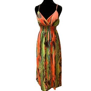VTG Y2K Colorful Neon Maxi L Dress Watercolor Babydoll Abstract Artsy Resort
